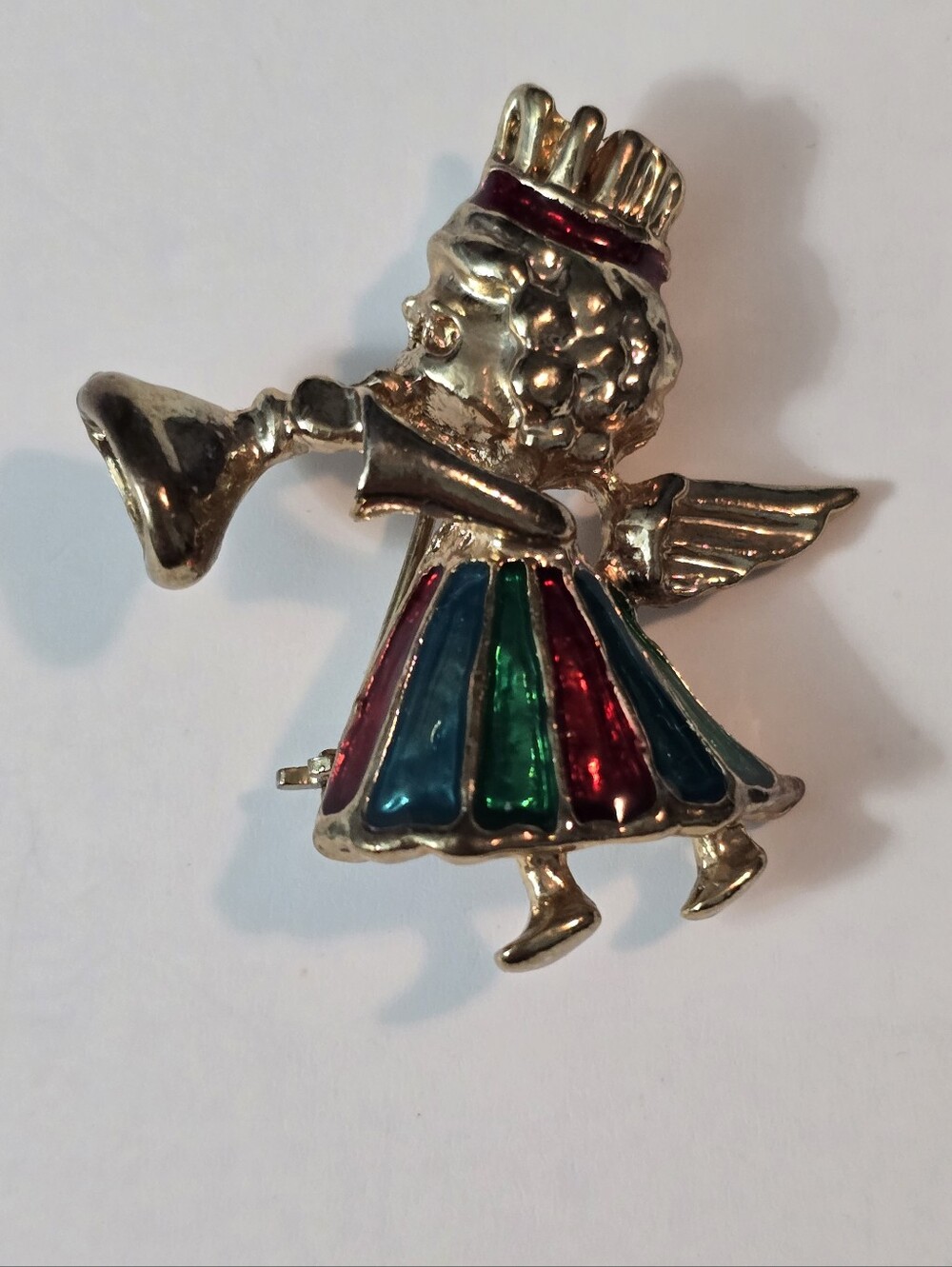 Christmas Girl Angel Trumpet Rhinestone Pin Brooch Red Green Enameled Gold Tone
